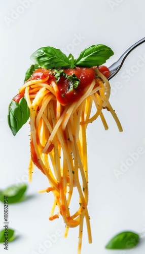 navy pasta with tomato sauce and green basil leaf strung on a fork, on a white background photo