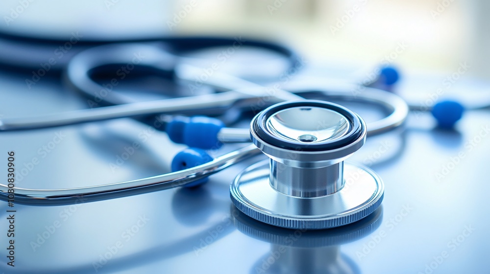 Stethoscope lying on reflective surface symbolizing healthcare and medical examination Stethoscope lying on reflective surface symbolizing healthcare and medical examination
