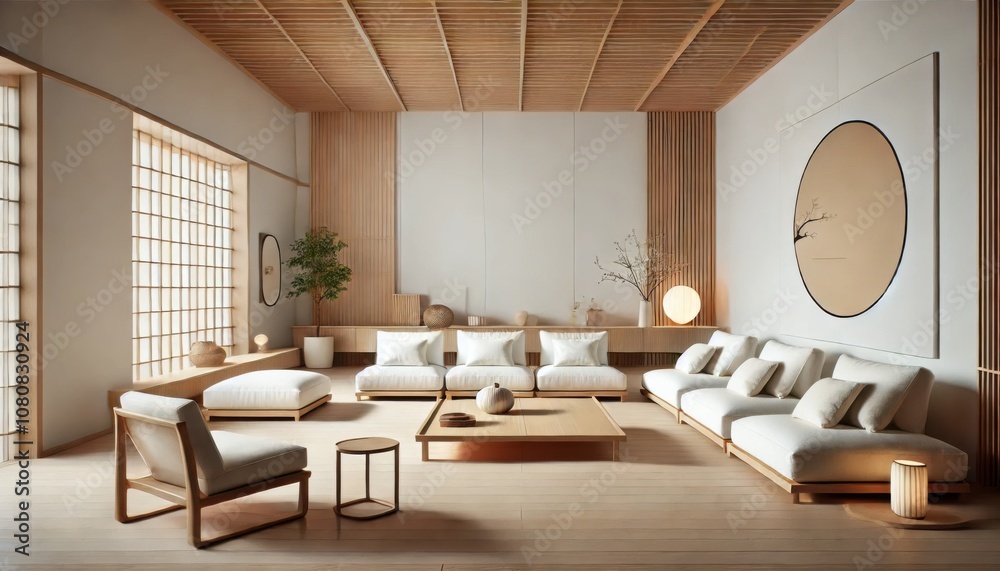 Fototapeta premium Japanese-Inspired Minimalist Living Room with Zen Decor.