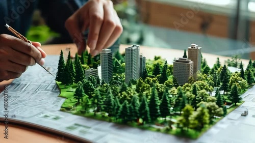 Architects hands designing a sustainable city plan with miniature trees and buildings, envisioning future urban growth and eco-friendly development Video