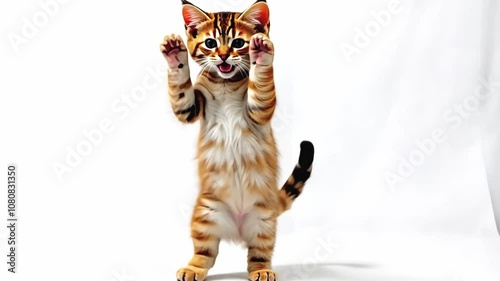 seamless loop animation of happy ginger cat dancing on white background, celebrating winner dance, kitten moving its paws