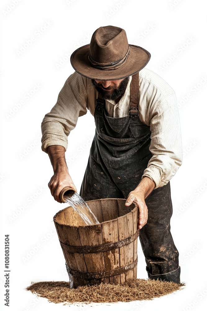 A man in overalls pours water into a wooden bucket. A man in overalls pours water into a wooden bucket.