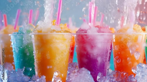 A vibrant scene of colorful slushies in plastic cups with straws, surrounded by ice and splashing water droplets. Video