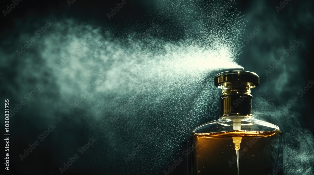 Luxury perfume bottle mid-spray, with fine mist suspended in the air, and a dark, elegant background Luxury perfume bottle mid-spray, with fine mist suspended in the air, and a dark, elegant background