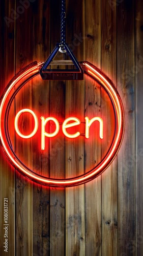 Illuminated neon open sign glowing against wooden background
