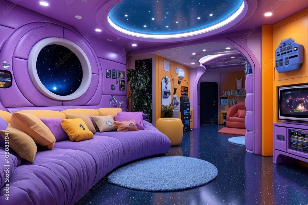 3D digital illustration of a retro-inspired room with colorful 80s decor, VHS tapes, and vintage electronics 3D digital illustration of a retro-inspired room with colorful 80s decor, VHS tapes, and vintage electronics