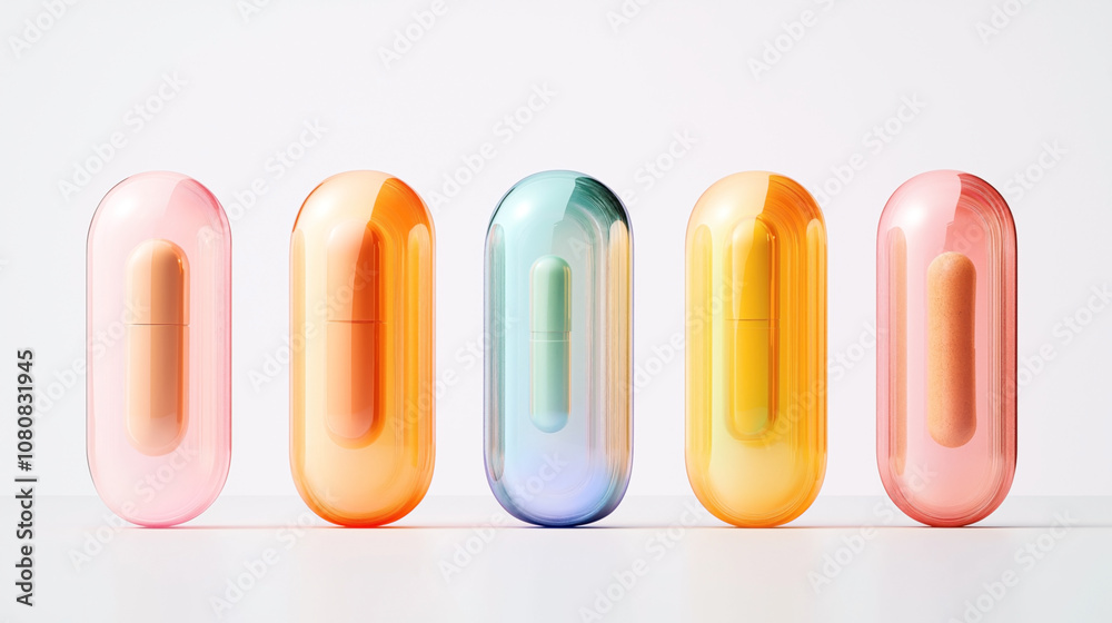 Abstract arrangement of colorful transparent capsules with inner rods, featuring pink, orange, blue, and yellow hues against a white background, showing symmetrical placement. Abstract arrangement of colorful transparent capsules with inner rods, featuring pink, orange, blue, and yellow hues against a white background, showing symmetrical placement.