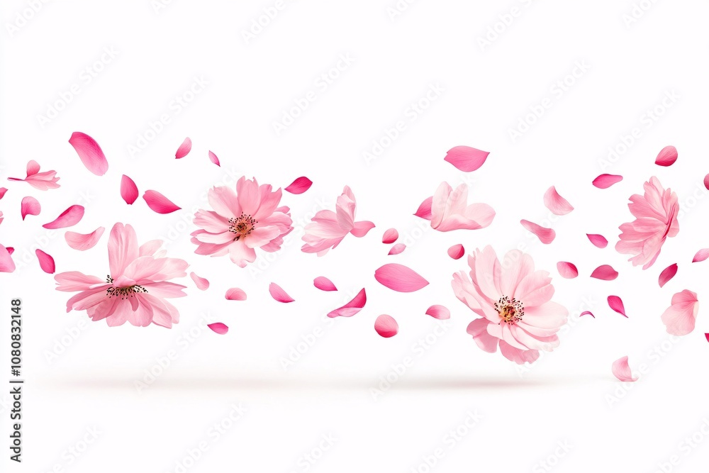Delicate Pink Cherry Blossoms and Petals in Flight: A Romantic Floral Design Delicate Pink Cherry Blossoms and Petals in Flight: A Romantic Floral Design
