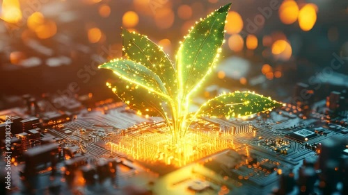 A glowing plant growing on a computer chip representing digital ecology business and blurred background. Green environment & computing. Plants & technology . Video