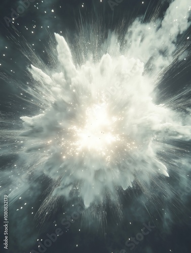 Abstract explosion cloud with radiant particles in dark sky