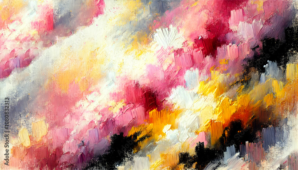Fototapeta premium Full frame oil painting texture with pink, yellow, white and black colour hues backdrop