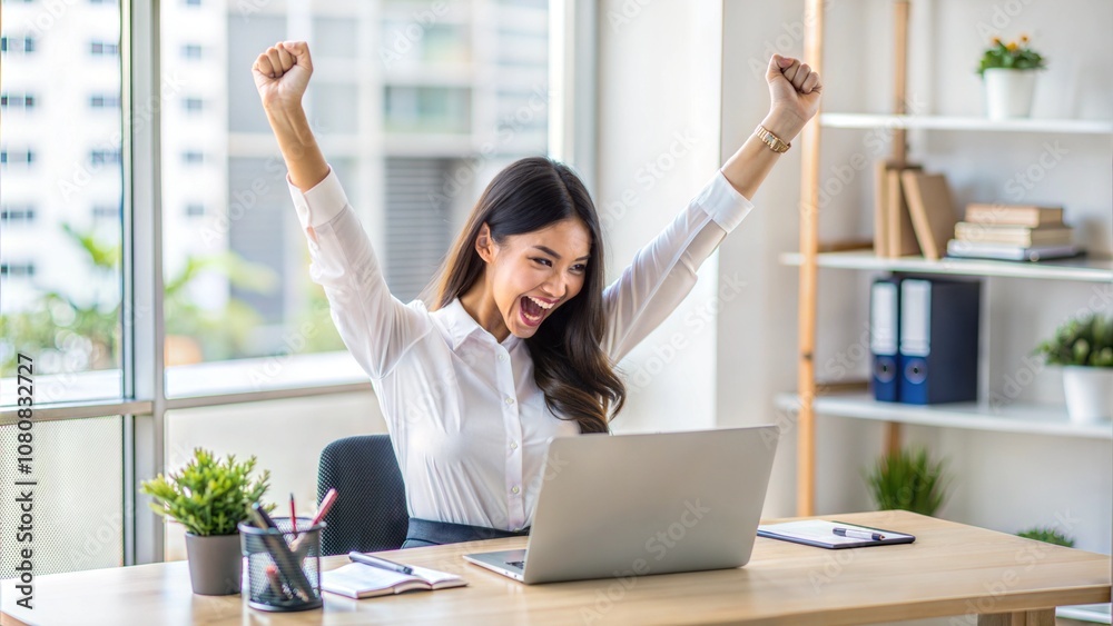 Excited Businesswoman Celebrating Success at Work in Modern Office Excited Businesswoman Celebrating Success at Work in Modern Office