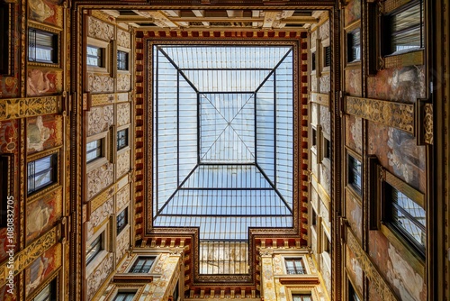 ROME, ITALY February, 15 2023. Passage of Galleria Sciarra with frescoed facades. Oldest shopping center in Rome. Beautiful architecture with allegoric painted walls in Galleries Alberto Sordi.
