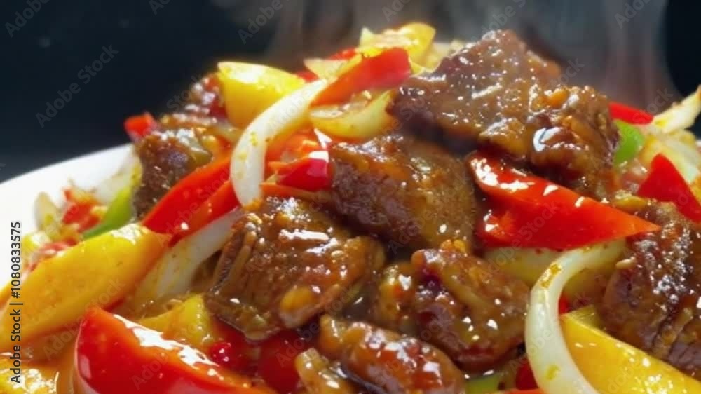 Cinematic 4K Close-Up of Sizzling Beef Stir-Fry with Tender Beef, Peppers, and Onions Cinematic 4K Close-Up of Sizzling Beef Stir-Fry with Tender Beef, Peppers, and Onions
