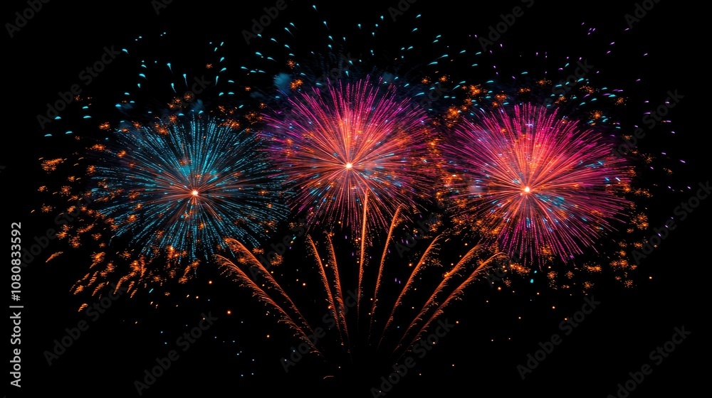 Naklejka premium Multiple fireworks bursting in vibrant colors against a dark sky, creating an awe-inspiring display