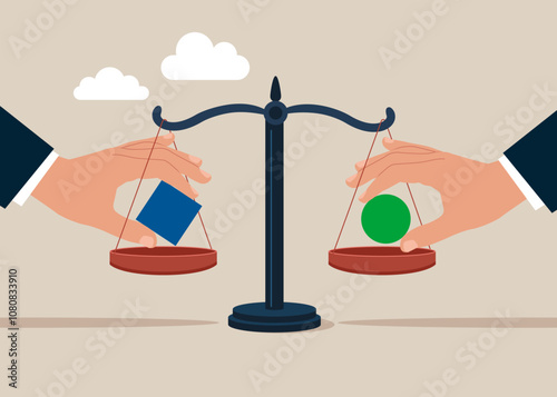 Equivalent. Geometric shapes on hands. Balancing ball and square placed on weighing scales. Flat vector illustration