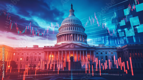 Political and financial theme with Capitol Building and stock graphs overlay, representing economic policy effects