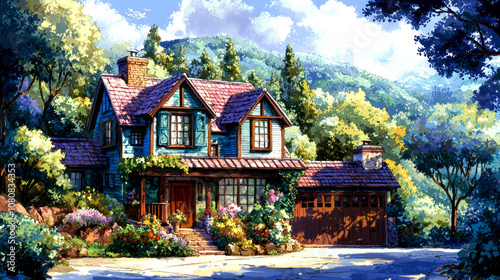 A charming blue house with a red door and a lush garden in front, surrounded by green hills and trees.