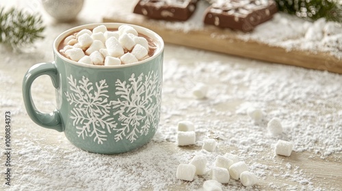 A Teal Mug Filled With Hot Chocolate and Marshmallows on a Snowy Tabletop