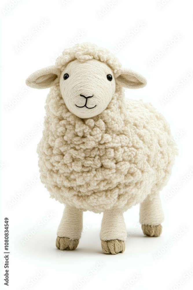 A fluffy white sheep toy stands on white. A fluffy white sheep toy stands on white.