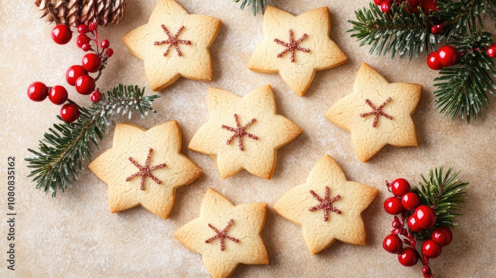 Fototapeta premium Star-shaped Christmas Cookies with Red Sugar Sprinkles and Festive Decorations