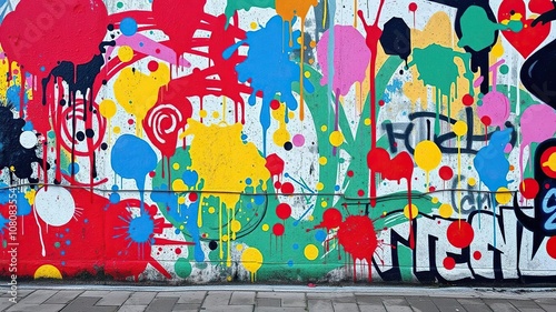 Colorful street art wall with vibrant paint splatters and abstract shapes, graffiti, graffitiart photo