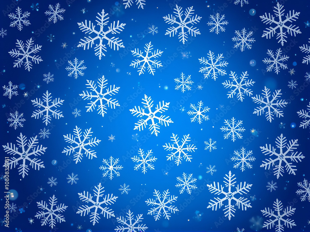 Snowflakes scattered on a vibrant blue background, creating a whimsical winter atmosphere during the holiday season Snowflakes scattered on a vibrant blue background, creating a whimsical winter atmosphere during the holiday season