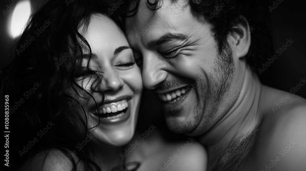 Romantic black and white couple portrait with playful tickling Romantic black and white couple portrait with playful tickling