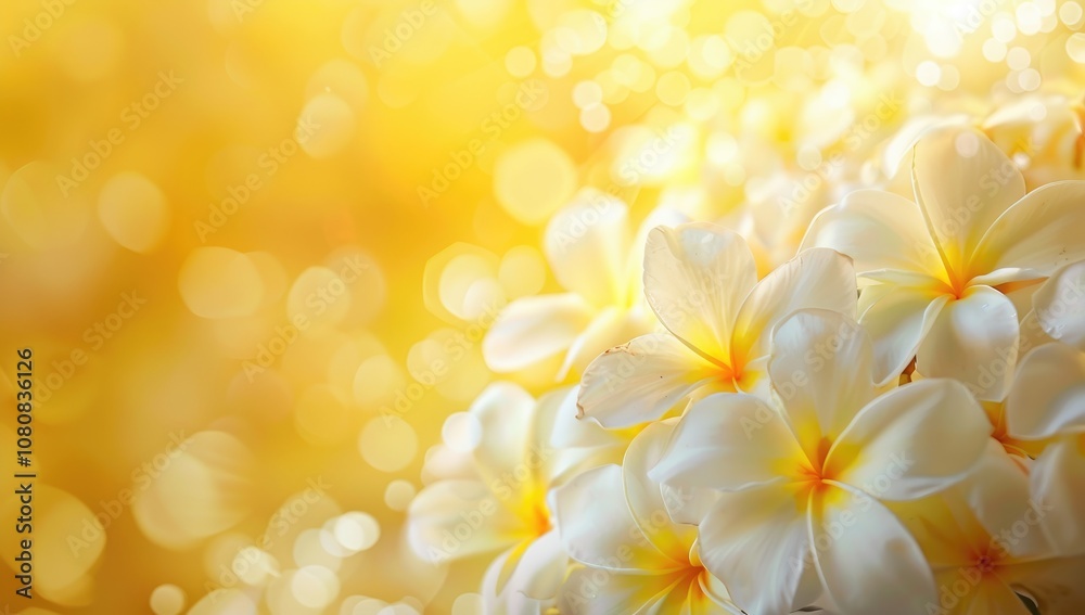 Blossoming yellow and white flowers set against a spring scene Blossoming yellow and white flowers set against a spring scene
