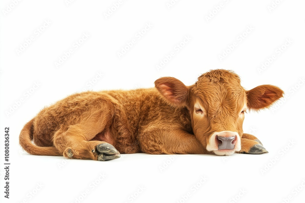 Fototapeta premium A brown calf lying down on a white background.