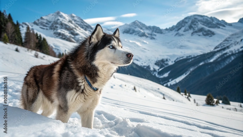 Portrait of a Siberian Husky in the snow, its intense blue eyes and playful expression capturing the essence of winter Portrait of a Siberian Husky in the snow, its intense blue eyes and playful expression capturing the essence of winter