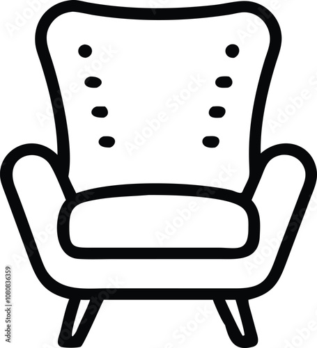 Armchair Outline Icon with Cushion Detail, Black and white outline illustration of a classic armchair with cushioned backrest, featuring a simple and cozy design.
