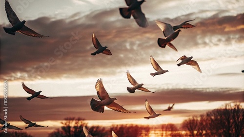A flock of pigeons takes flight against a stunning sunset backdrop