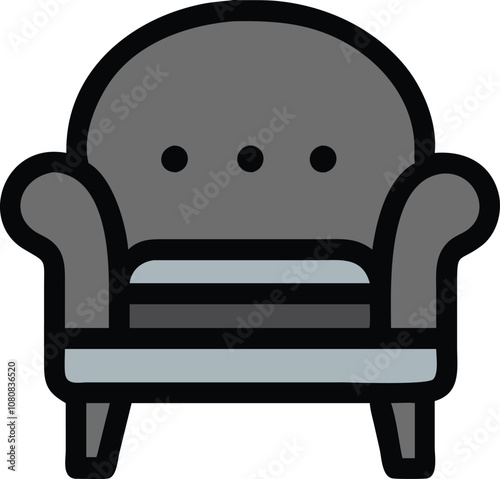 Modern Gray Armchair Icon with Cushions, Illustration of a gray armchair with cushioned backrest and seat, featuring a simple and modern design with wooden legs.
