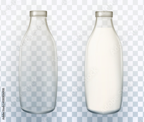 Transparent Glass Bottles. Dairy products. Empty and full  milk Bottles. Vector.