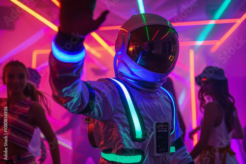 Modern party masquerade man wearing cosmonaut helmet dance night club illumination generative ai image photo