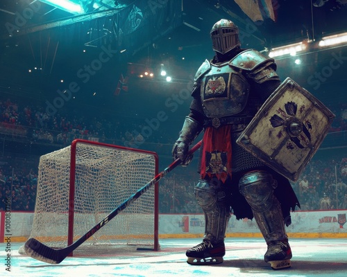 A medieval knight in armor, wielding a shield and hockey stick, stands on the ice next to a net, in the midst of a hockey game atmosphere at an arena.