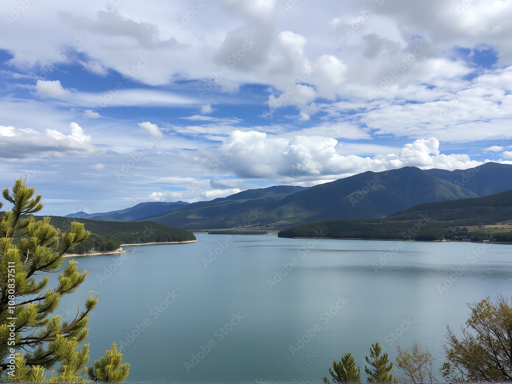 Serene lake view surrounded by mountains and pine trees under a partly cloudy sky in the afternoon Serene lake view surrounded by mountains and pine trees under a partly cloudy sky in the afternoon
