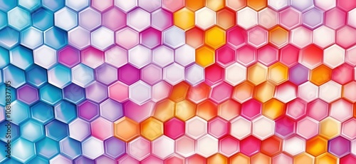 Colorful hexagonal pattern, vibrant hues, geometric design, smooth texture, abstract art