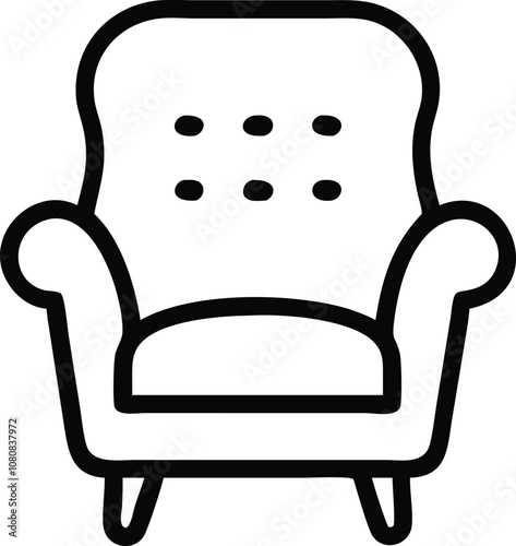 Armchair Outline Icon with Cushion Detail, Black and white outline illustration of a classic armchair with cushioned backrest, featuring a simple and cozy design.
