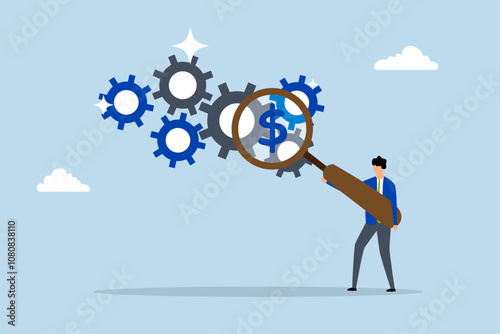 Cost effective, businessman with magnifying glass examining dollar bills from gear manufacturing. 