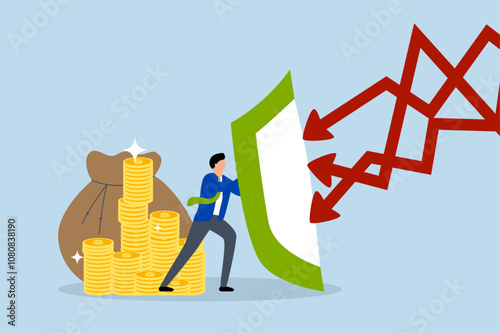 Financial security, powerful businessman wielding shield to guard against red arrow assaulting financial stability