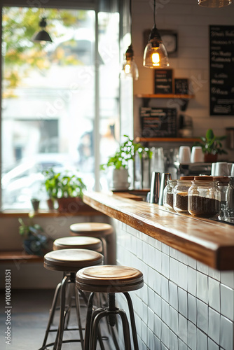A cozy coffee shop interior featuring wooden bar, stylish stools, and plants. warm lighting creates an inviting atmosphere for relaxation and socializing