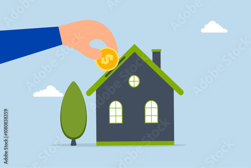 Down payment for house purchasing, businessman giving homeowner dollar coins inside the newly acquired house. 