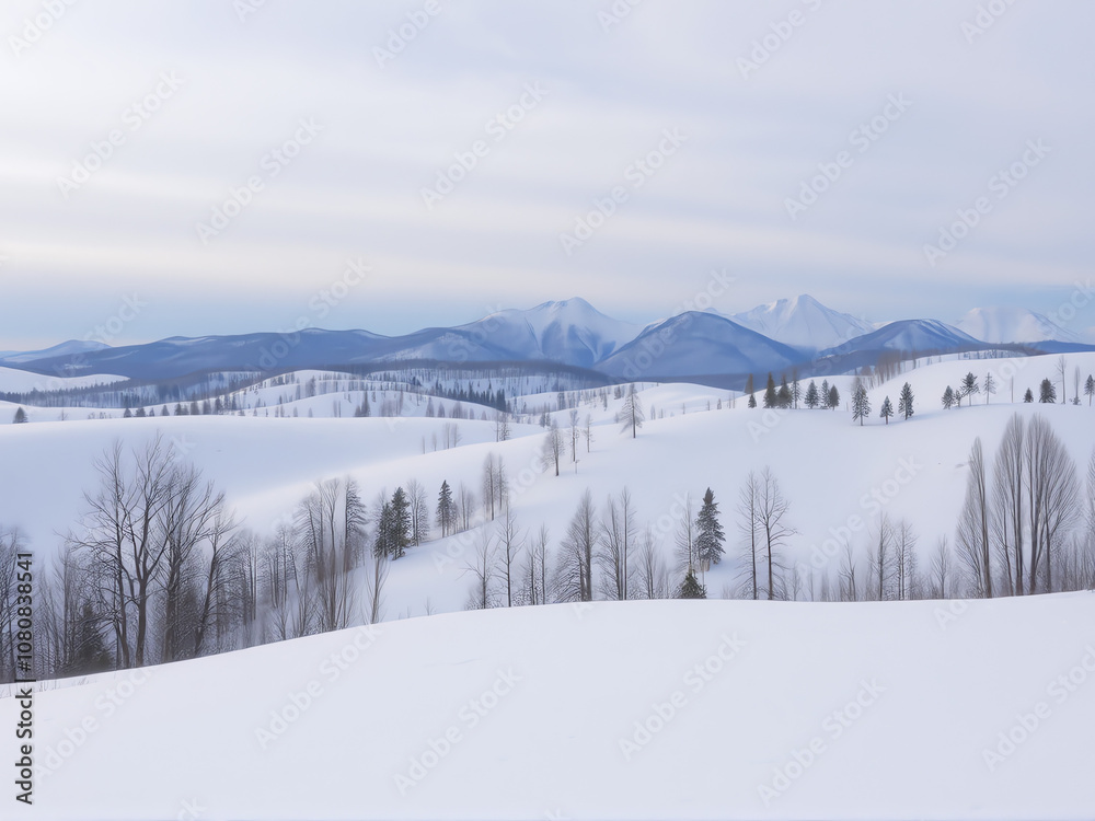 Winter landscape showcasing rolling snow-covered hills with distant mountain peaks under a soft gray sky Winter landscape showcasing rolling snow-covered hills with distant mountain peaks under a soft gray sky