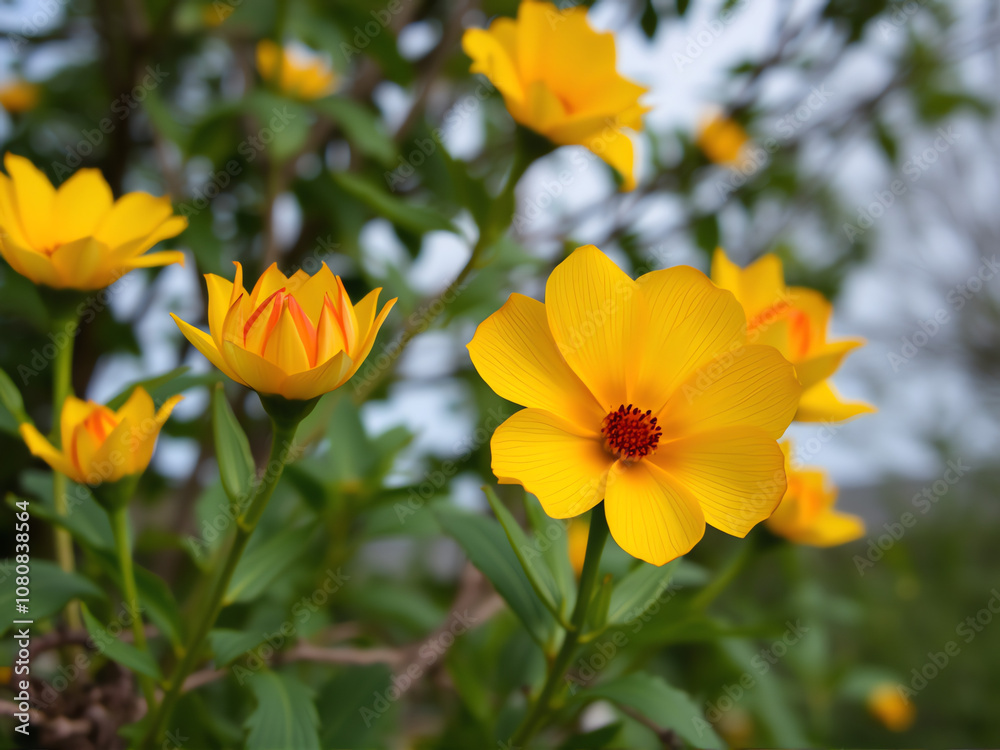 Bright yellow flowers blooming in a lush garden during the spring season, creating a vibrant natural landscape Bright yellow flowers blooming in a lush garden during the spring season, creating a vibrant natural landscape