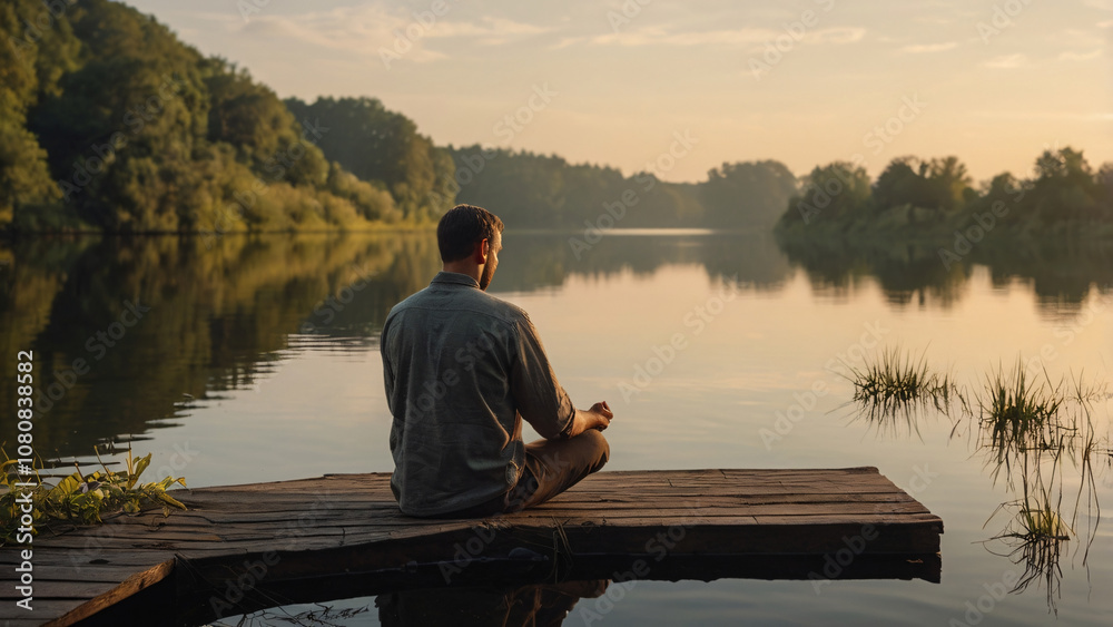 A serene man meditation moment by the Lake at Sunrise—Perfect for Peace, Yoga, Togetherness, Nature Photography, and Reflective Tranquility in a Picturesque Landscape A serene man meditation moment by the Lake at Sunrise—Perfect for Peace, Yoga, Togetherness, Nature Photography, and Reflective Tranquility in a Picturesque Landscape