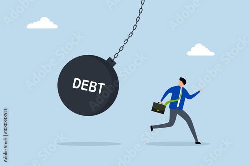 Debt problem, businessman escapes from a massive wrecking ball labeled debt. 