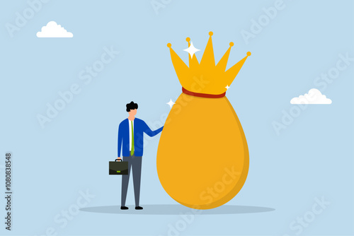 Golden egg investment, affluent entrepreneur with valuable golden egg adorned with a crown