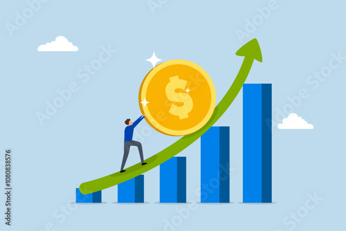 Compound interest exponential growth, entrepreneur drives funds upward on a growing chart. 